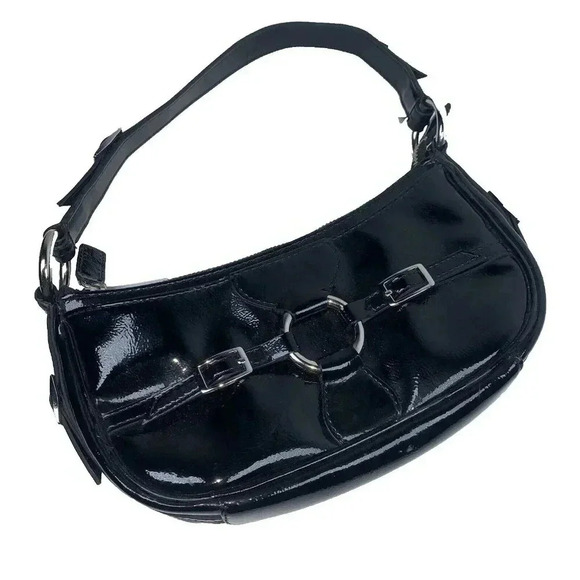 Vintage BCBG Paris Patent Leather Purse Crescent Large O Ring Y2K - Picture 2 of 8